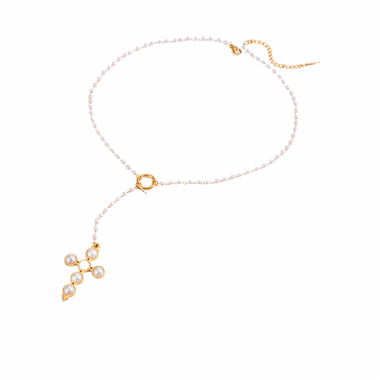 Chapel Pearl Cross Lariat Necklace