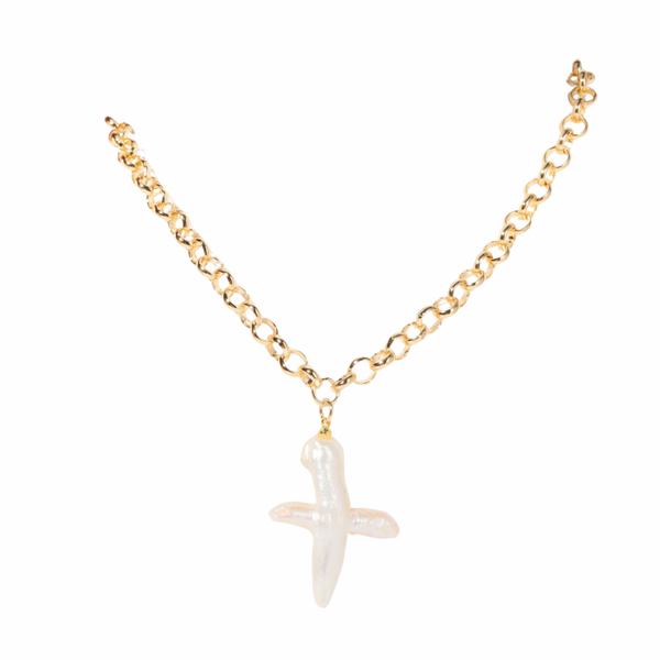 Brassy Pearl Cross x Copper + Cloth Necklace