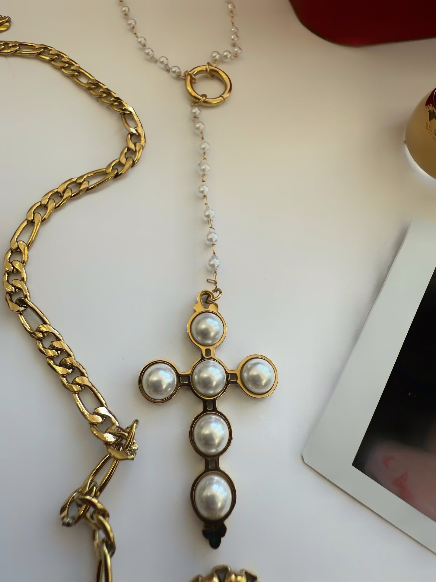 Chapel Pearl Cross Lariat Necklace