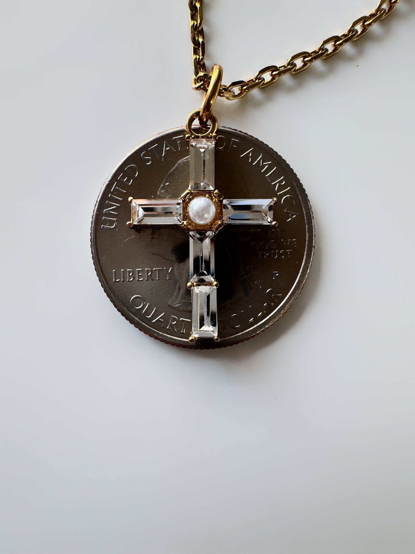 Crystal Peal Cross Necklace