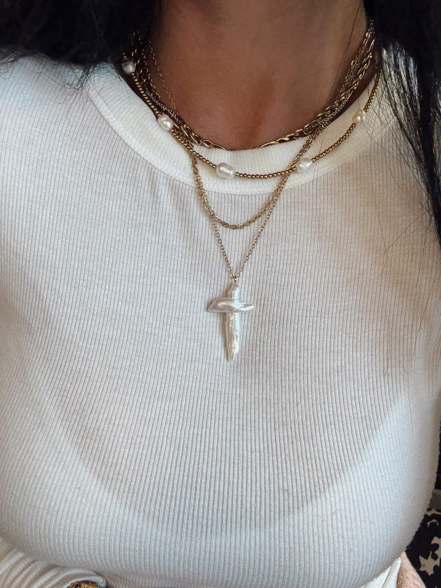 St. Lucia Pre Stacked Pearl Cross Necklace