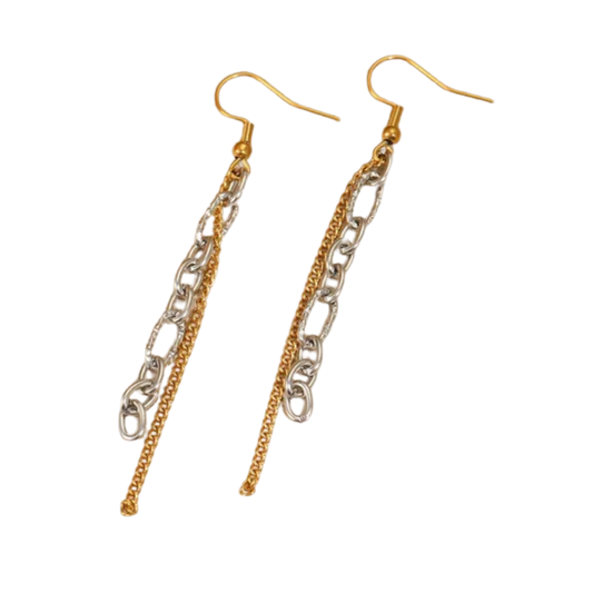 Pair of gold and silver chain earrings on a white background